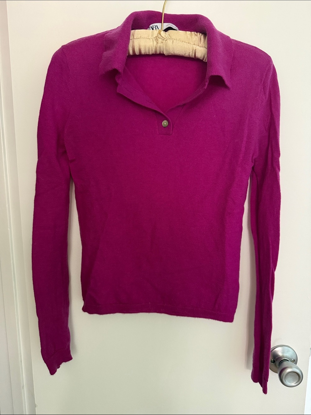 Zara Magenta Long-Sleeve Polo Wool Blend Sweater